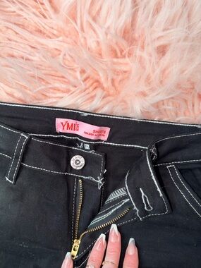 YMI Black High-Rise Women's Denim Shorts with White Contrast Stitching